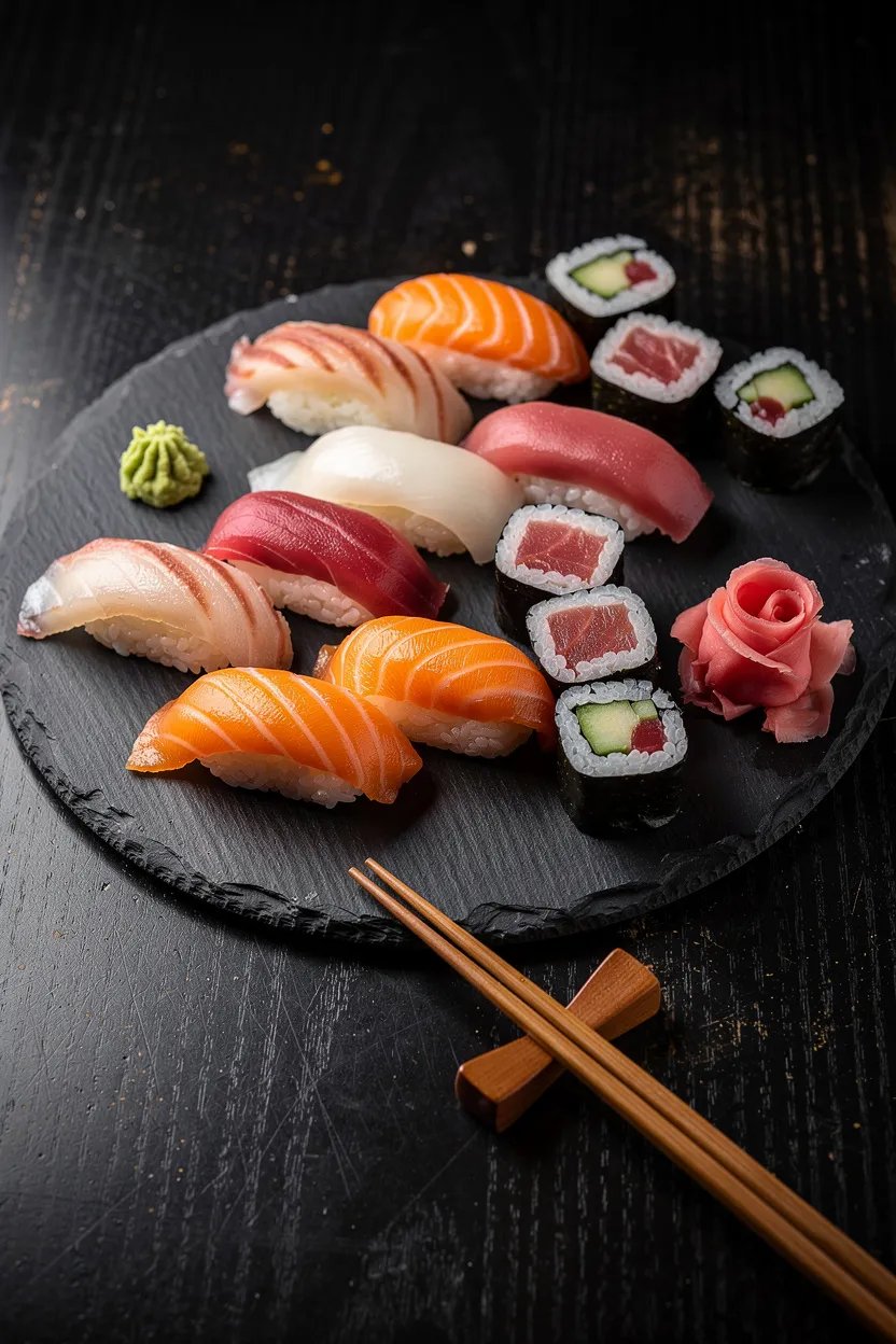 Japanese sushi platter with nigiri and maki rolls