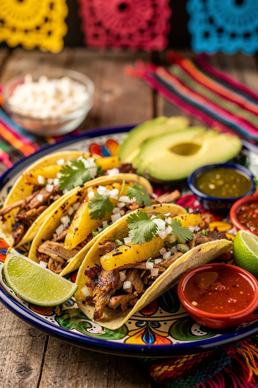 Mexican tacos al pastor with cilantro and lime