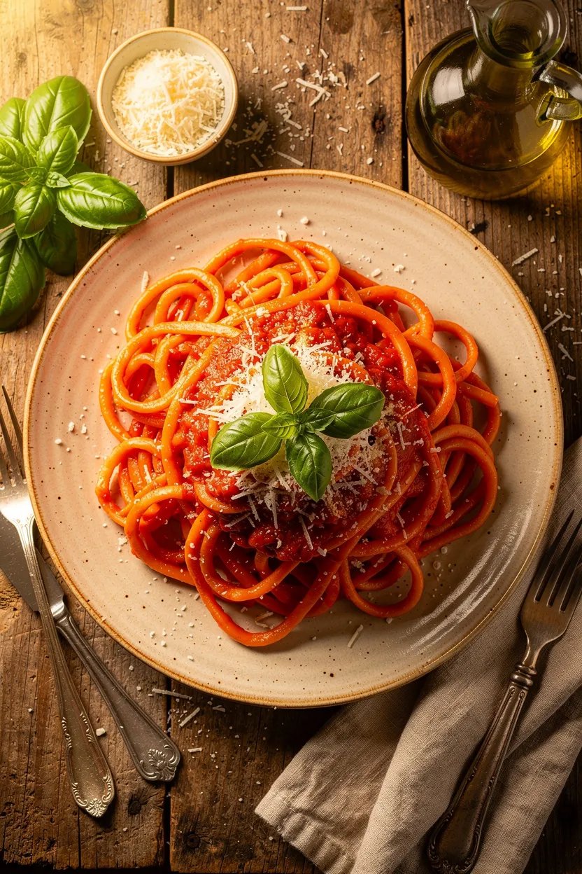 Italian pasta dish with tomato sauce and basil