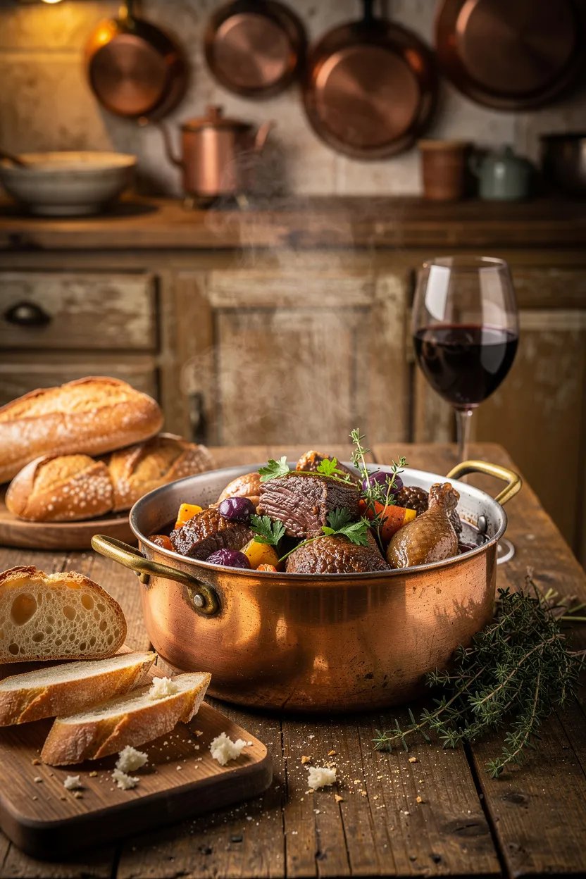 French beef bourguignon in copper pot with herbs and wine