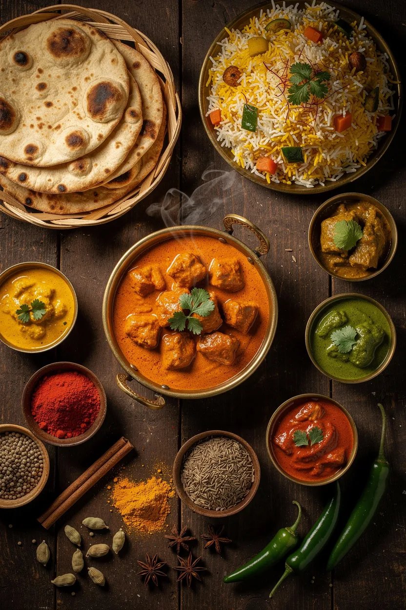 Colorful Indian curry spread with naan and biryani