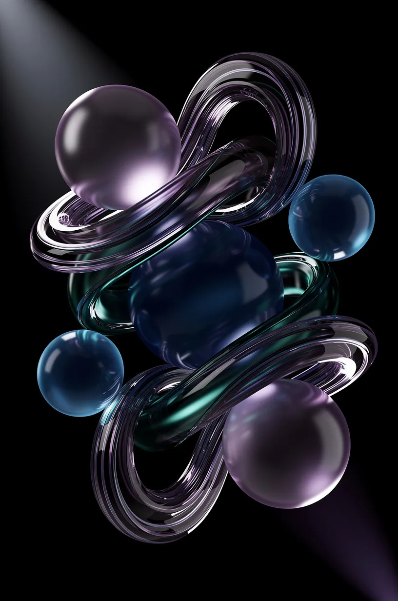 Abstract glossy 3D geometric shapes in deep blue-violet palette on black background