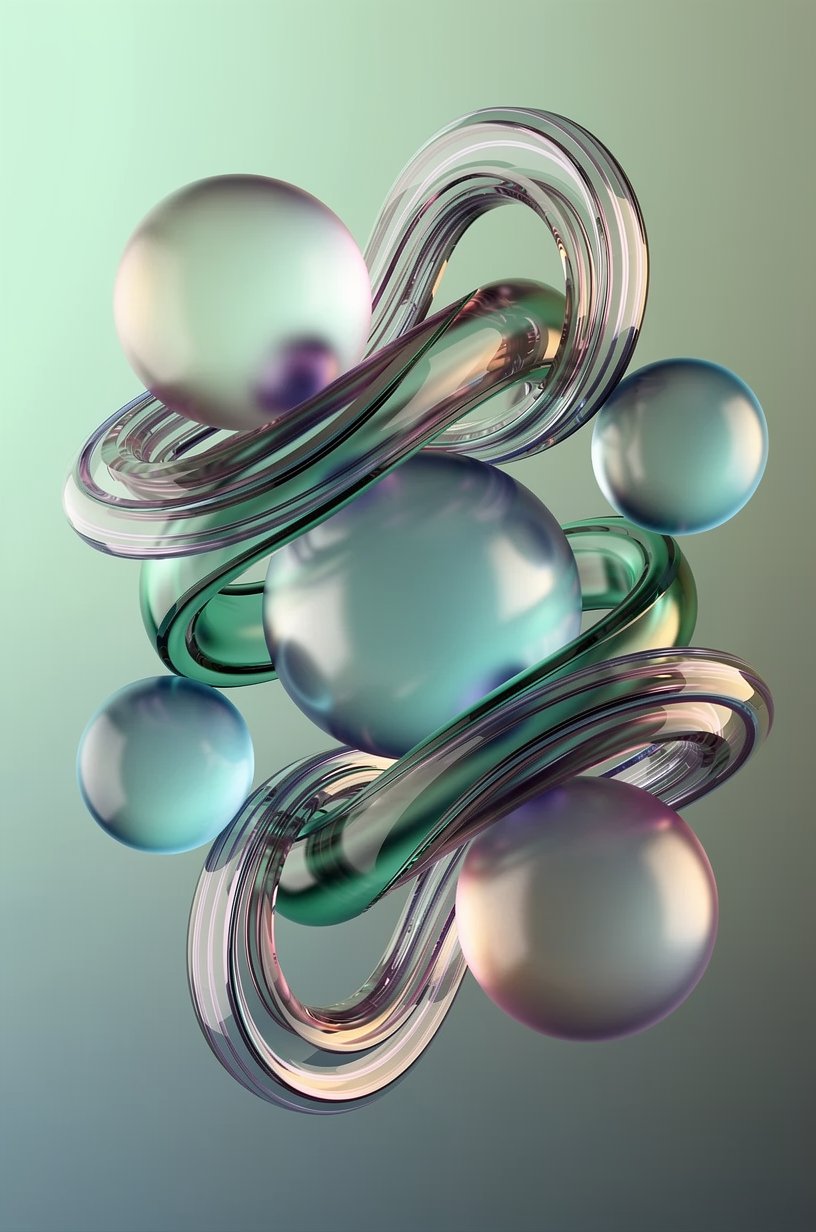 Abstract glossy 3D geometric shapes with transparent and frosted textures on a gradient background fading from mint green at top-left to deep blue-violet at bottom-right