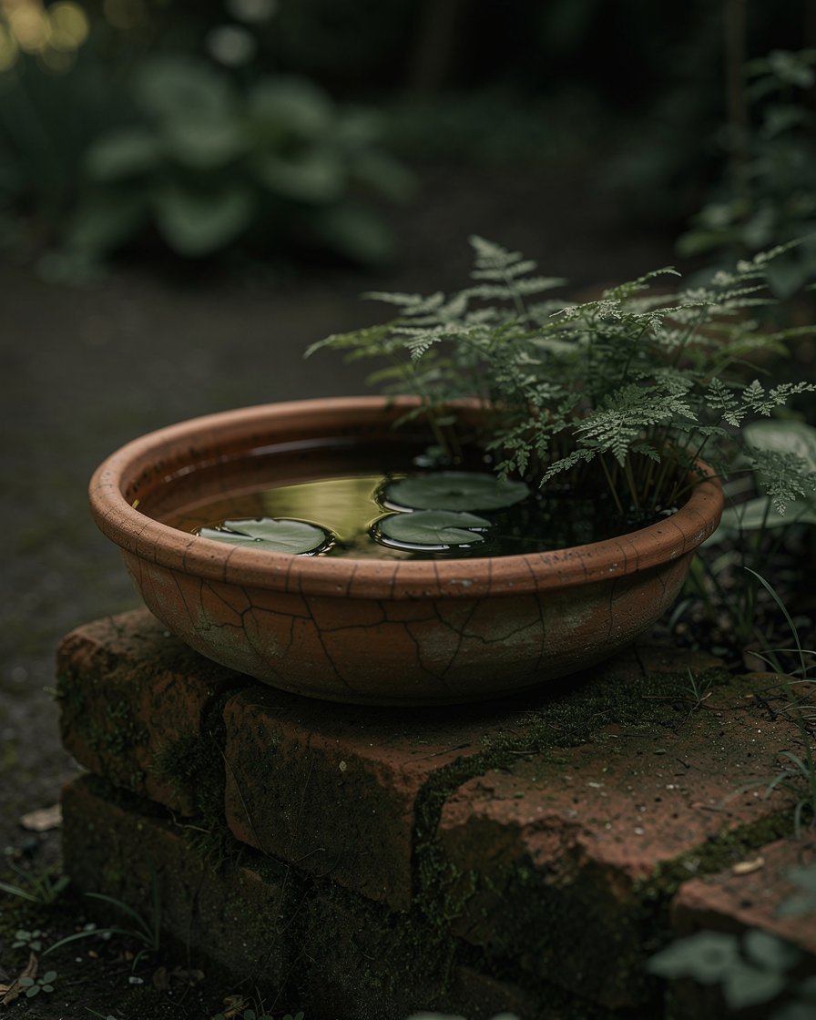 Shaded terracotta bowl pond