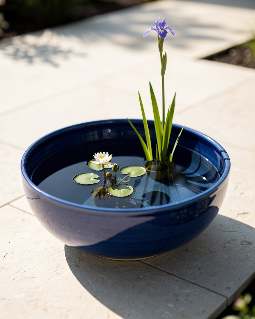 Sunny glazed bowl pond with iris